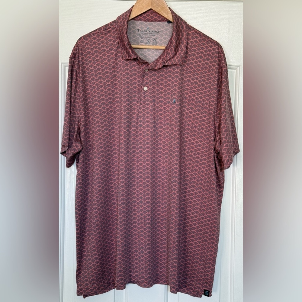 Tailor Vintage Performance Polo XXL Burgundy Geo Print UPF 50+ Recycled Fabric